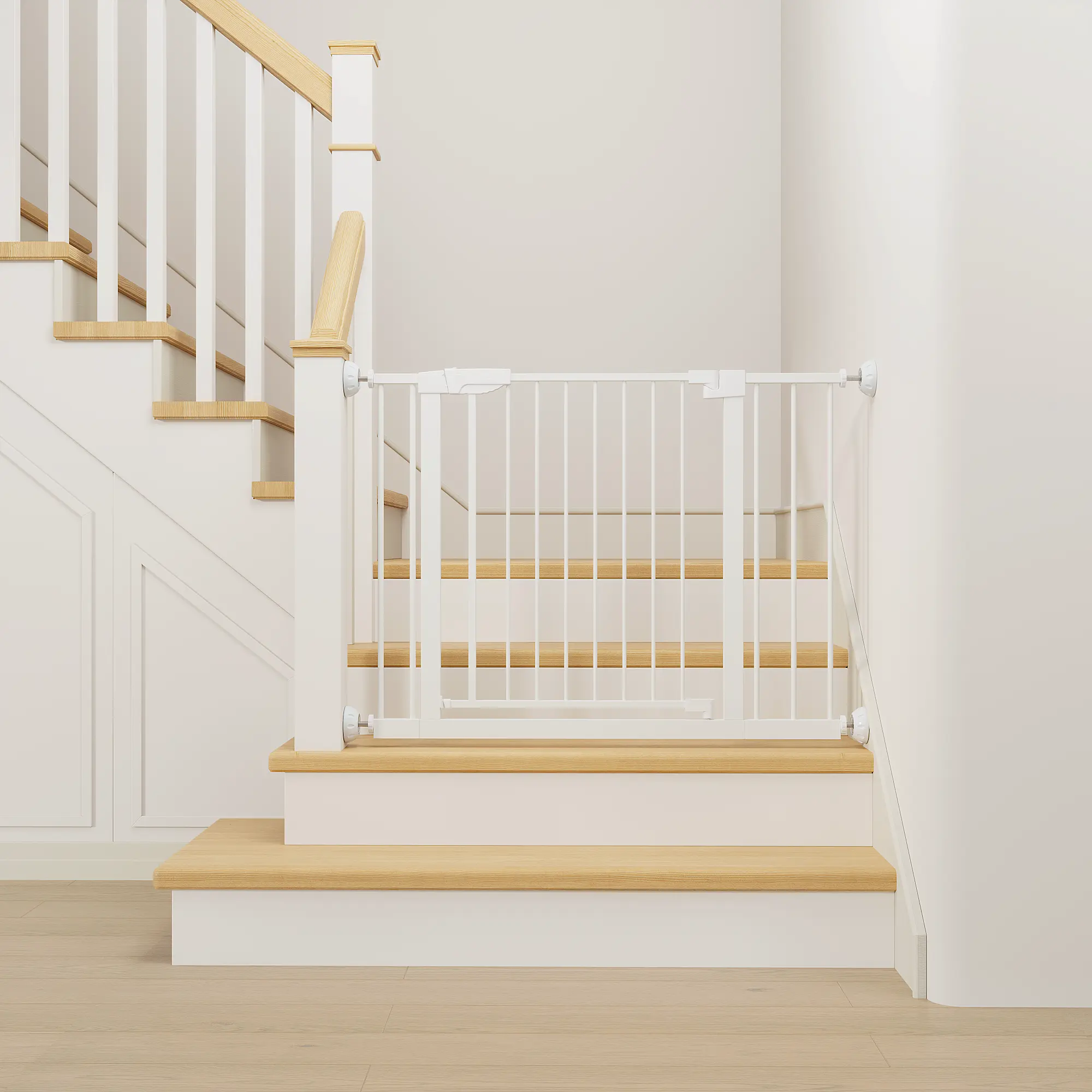 29.5-45.3" Wide Baby Gate with wall protector for Stairs, Dog Gate Indoor for Doorways, No Drilling Pressure Mounted Pet Gates for Kids, Easy Walk Through Safety Gate, White
