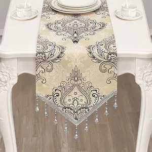 NPET Table Runner for Home Decor 13×72 Inch Long Vintage Jacquard Fabric with Beaded Tassels Table Runner for Table Decor Holiday Party Wedding and Dining Decorations , Beige