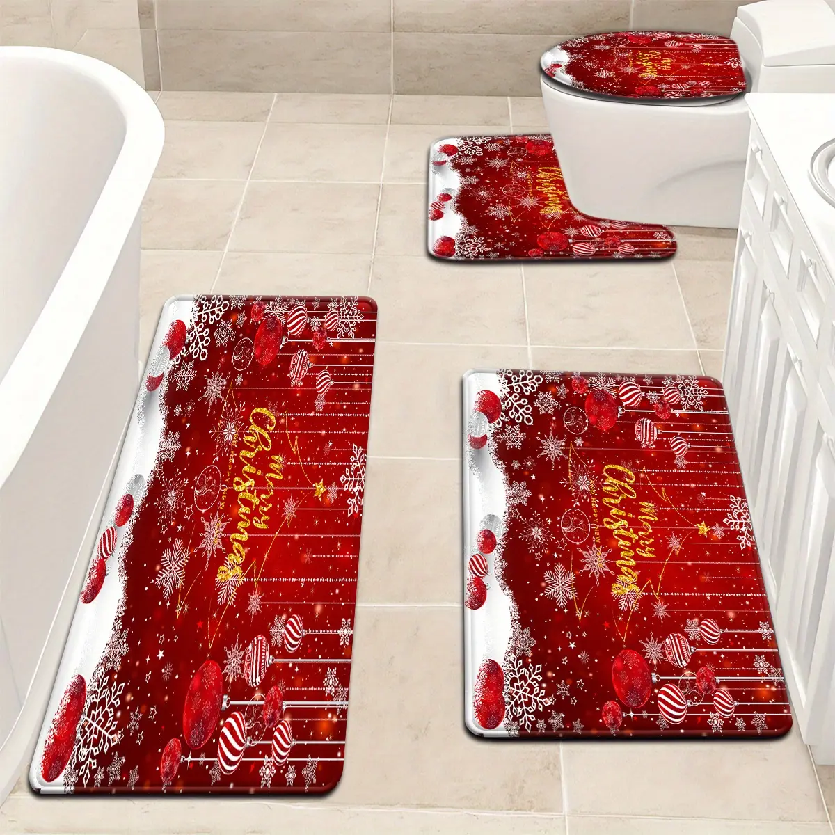 3pcs/4pcs Christmas Snowflake Tassel Gift Ball Pattern Bathroom Mat Set Toilet Lid Cover and Rug Bath Decor U-Shaped Foot Pad,piece,shower,floor