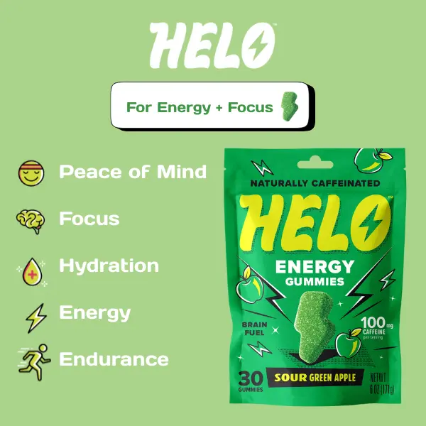 HELO Caffeine Energy Gummies | Sour Green Apple | 30 Natural Gummies for Focus, Energy, Hydration, and Productivity