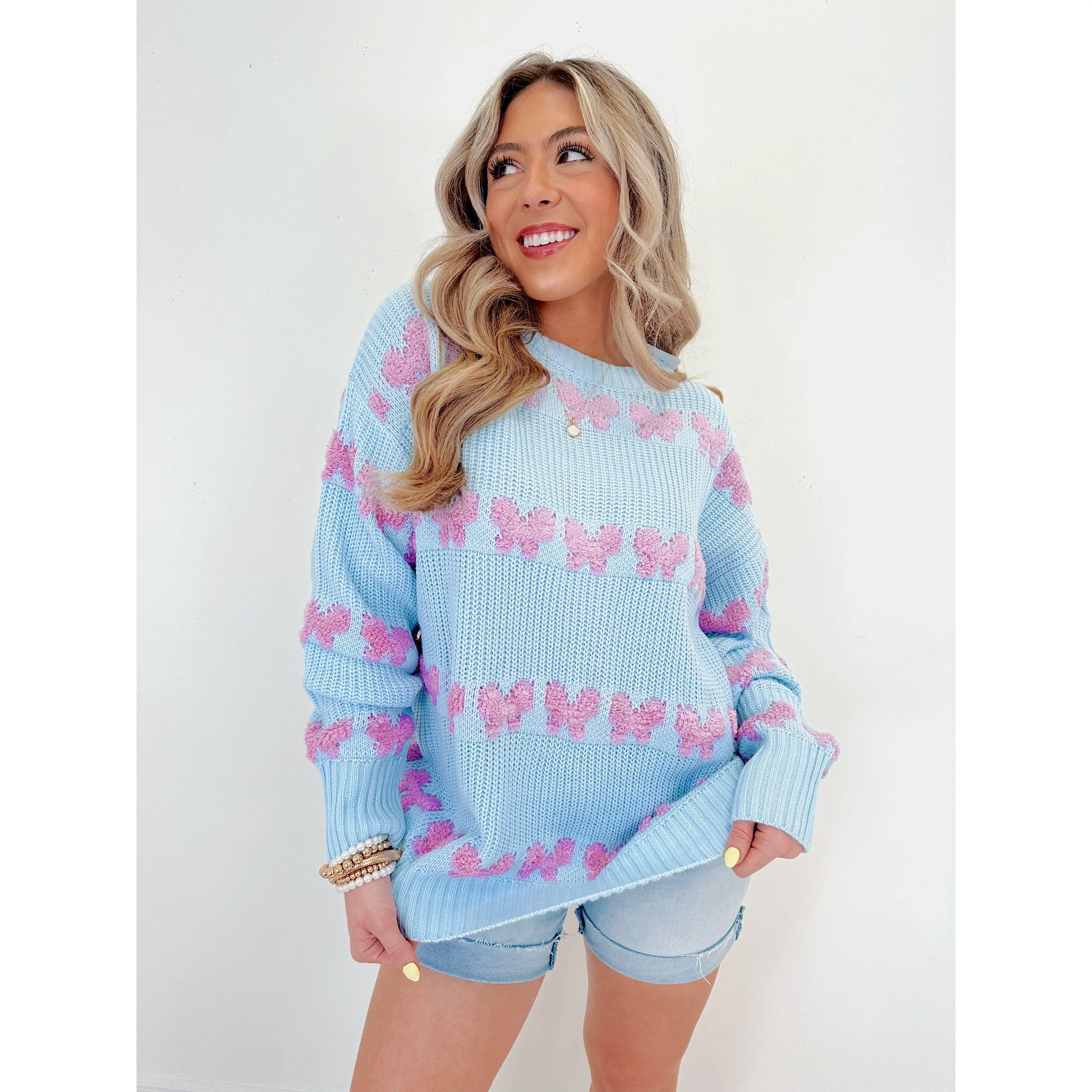 Women's Cute Oversized Ribbed Crew Neck Sweater, Soft Acrylic 3D Knit Contrasting Bows Pullover, Long Drop Shoulder Sleeves, High-Low Hem, Casual Knit Top