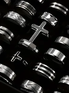 Men's Stainless Steel Ring Set, Fashion Rings, Punk Style, Polished, Sandblasted, Cross Line Texture, Chain Design, Casual Party Vacation Wear, Stackable Rings, Stacking Rings