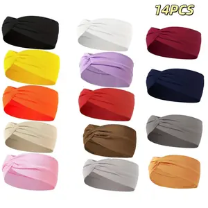 14pcs Wide Absorbent Sport Headbands for Women, Non-Slip, Stretchy, Soft Twist Knotted Hair Bands for Daily Workout Yoga Running Sports