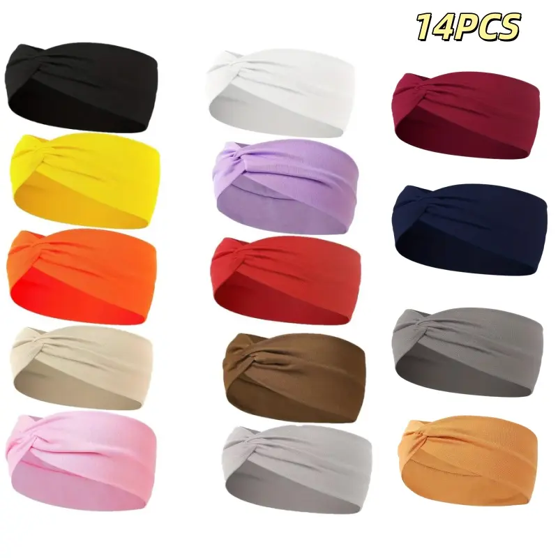 14pcs Wide Absorbent Sport Headbands for Women, Non-Slip, Stretchy, Soft Twist Knotted Hair Bands for Daily Workout Yoga Running Sports
