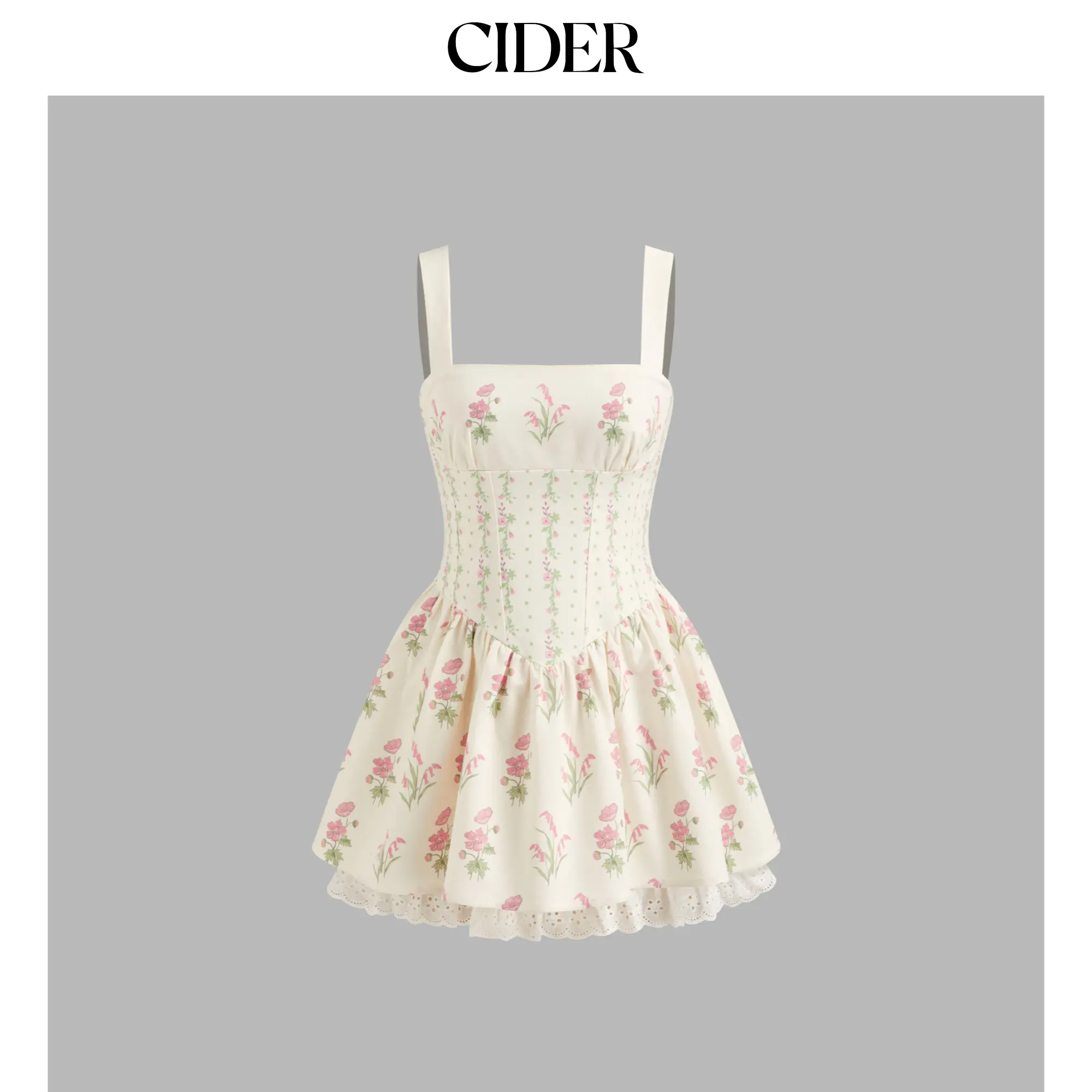 Cider Linen-blend Floral Broderie Anglaise Trim Layered Lace Up Mini Dress