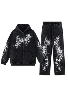 Men's Vintage Dark Wash Tie-Dye Spider Ink Print Cardigan Jacket & Casual Pants Set, Trendy Fashion Two-Piece, Cozy Set