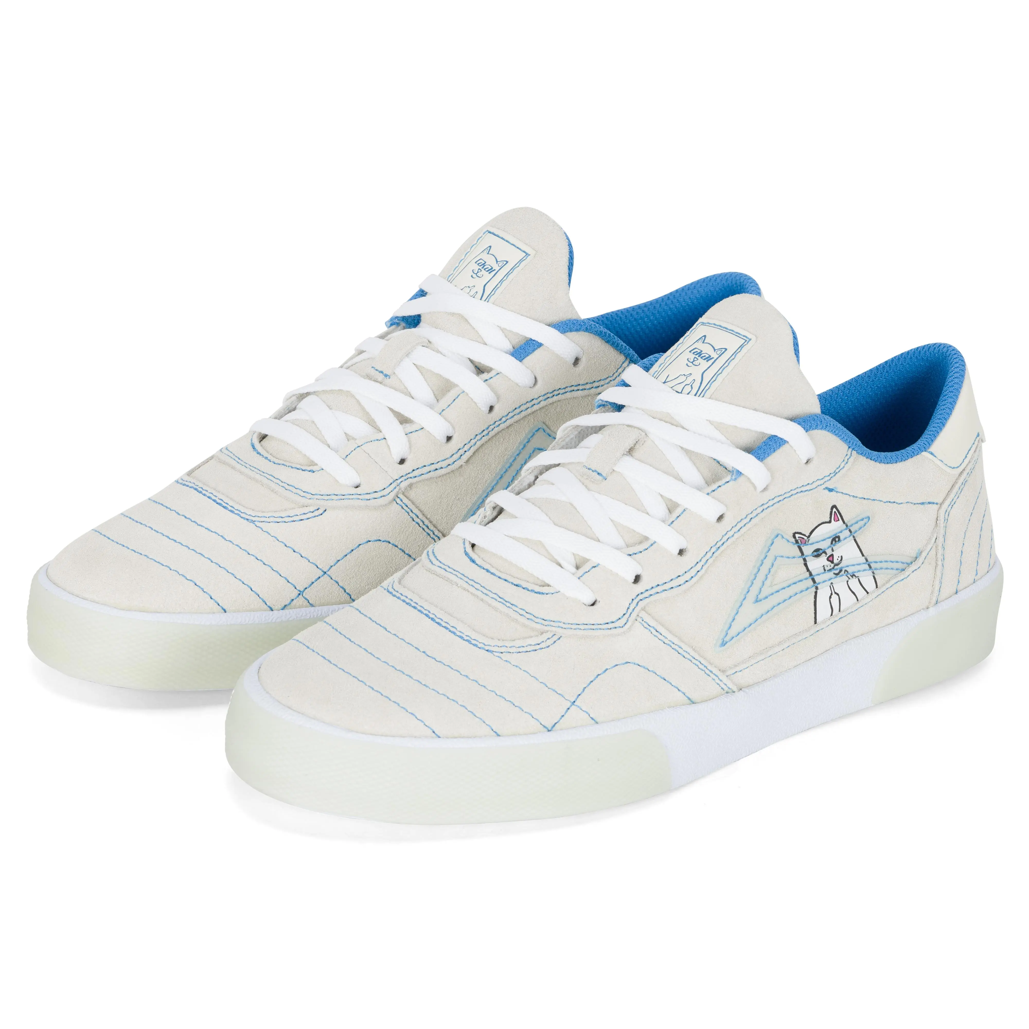 Men's Vintage Low Top Skate Sneakers in Cream Suede and Mesh with Blue Stitching and Side Cat Graphic, Vulcanized Shoes for Casual Fashion Wear, Casual Wear, Laces, Pura-Mount Outsole, Cool Kicks, Vintage-Inspired Casual Trainers