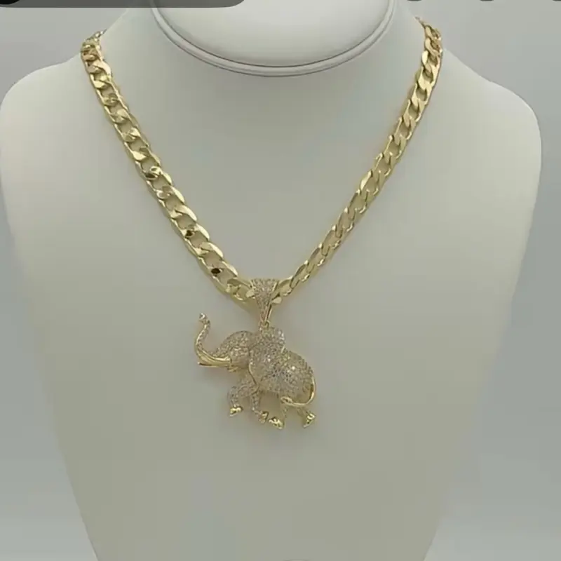 Gold Elephant Necklace with Sparkling Rhinestones and Heavy Chain for Men and Women