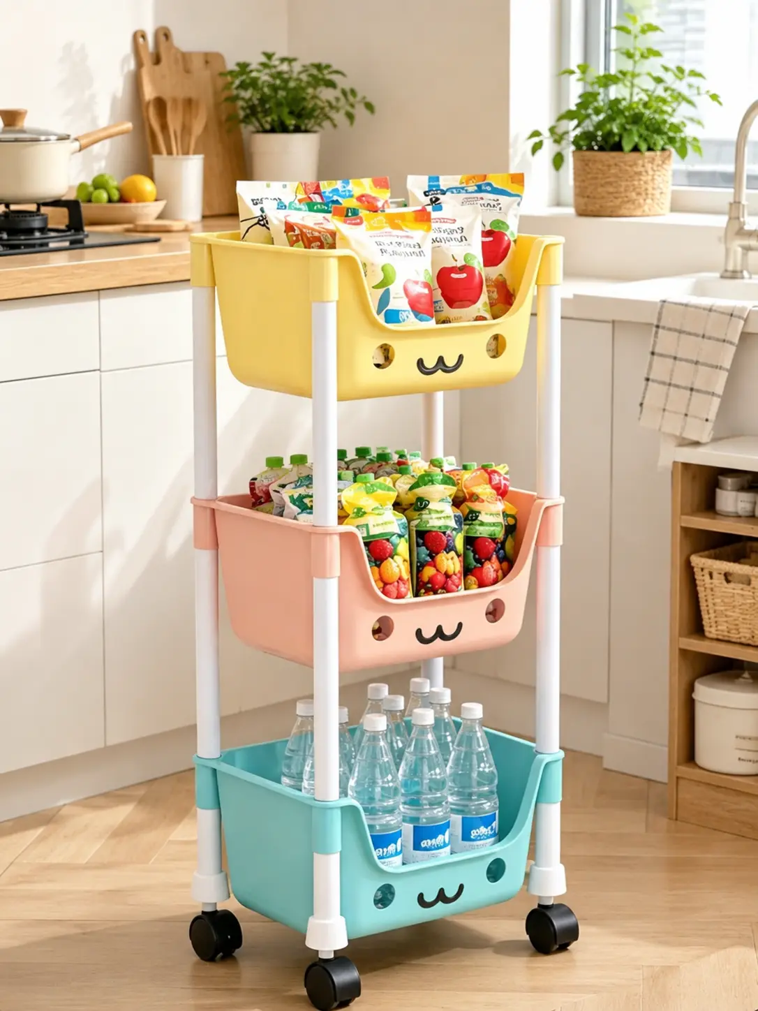 3-Layer White Durable Plastic ABS Storage Cart - 360° Swivel Wheels, Easy Transport, Adjustable Space Saver, Bathroom Counter/Bedroom Organizer, Lightweight Compact Multifunctional Rack, Bathroom Storage Rack