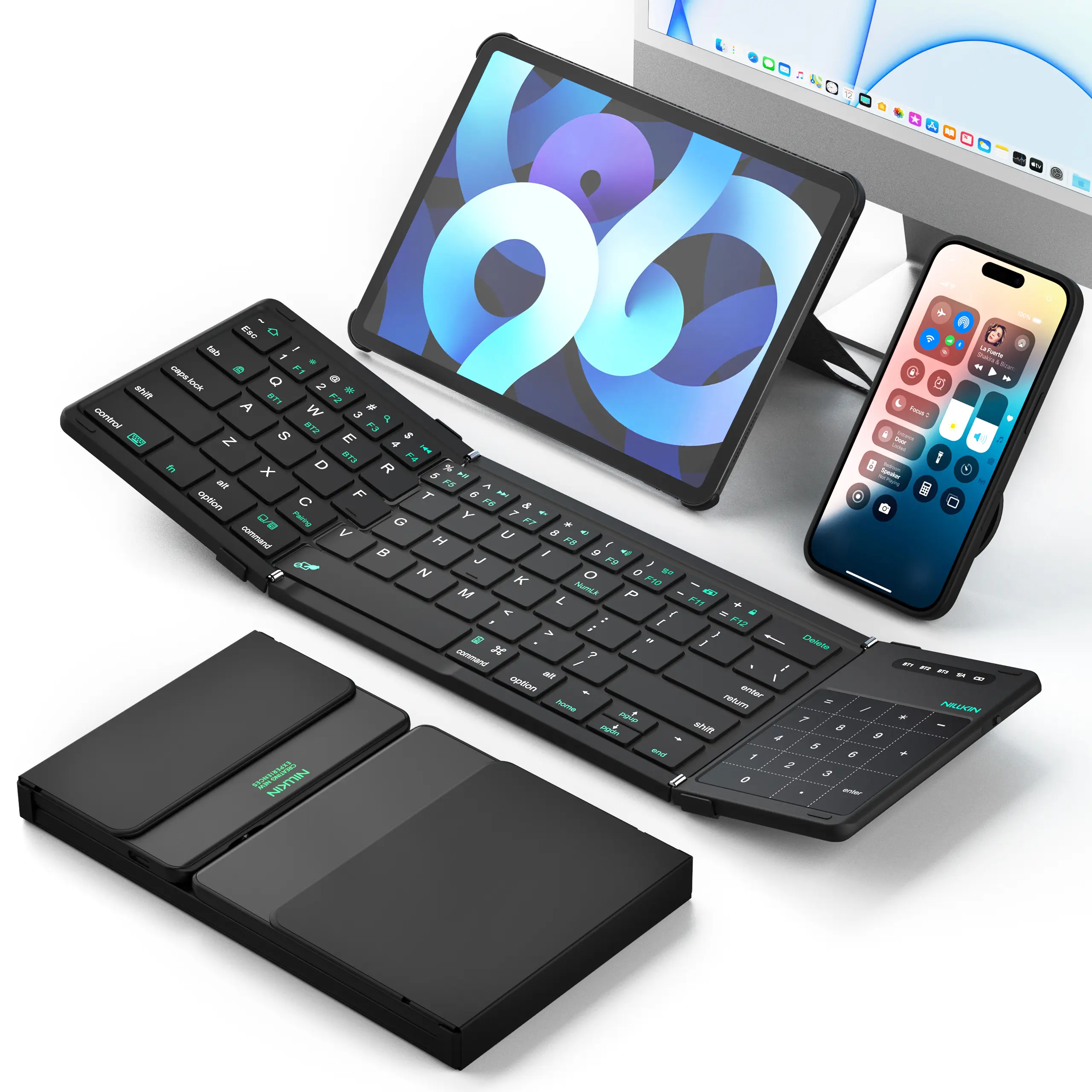 Nillkin Cube Foldable Bluetooth Keyboard with Touchpad Pocket Durable Multi-Device 3-Fold Folding Ergonomic Rechargeable Keyboard - 64-Key Layout with Touchpad, Right-Handed Compact Travel Keyboard for iPad, iPhone, Android, Galaxy Tablet