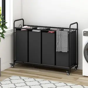 4 bag laundry basket sorter laundry hamper cart with heavy duty rolling lockable wheels and removable bags, Black Container Metal Large Waterproof section dirty clothes Organiser
