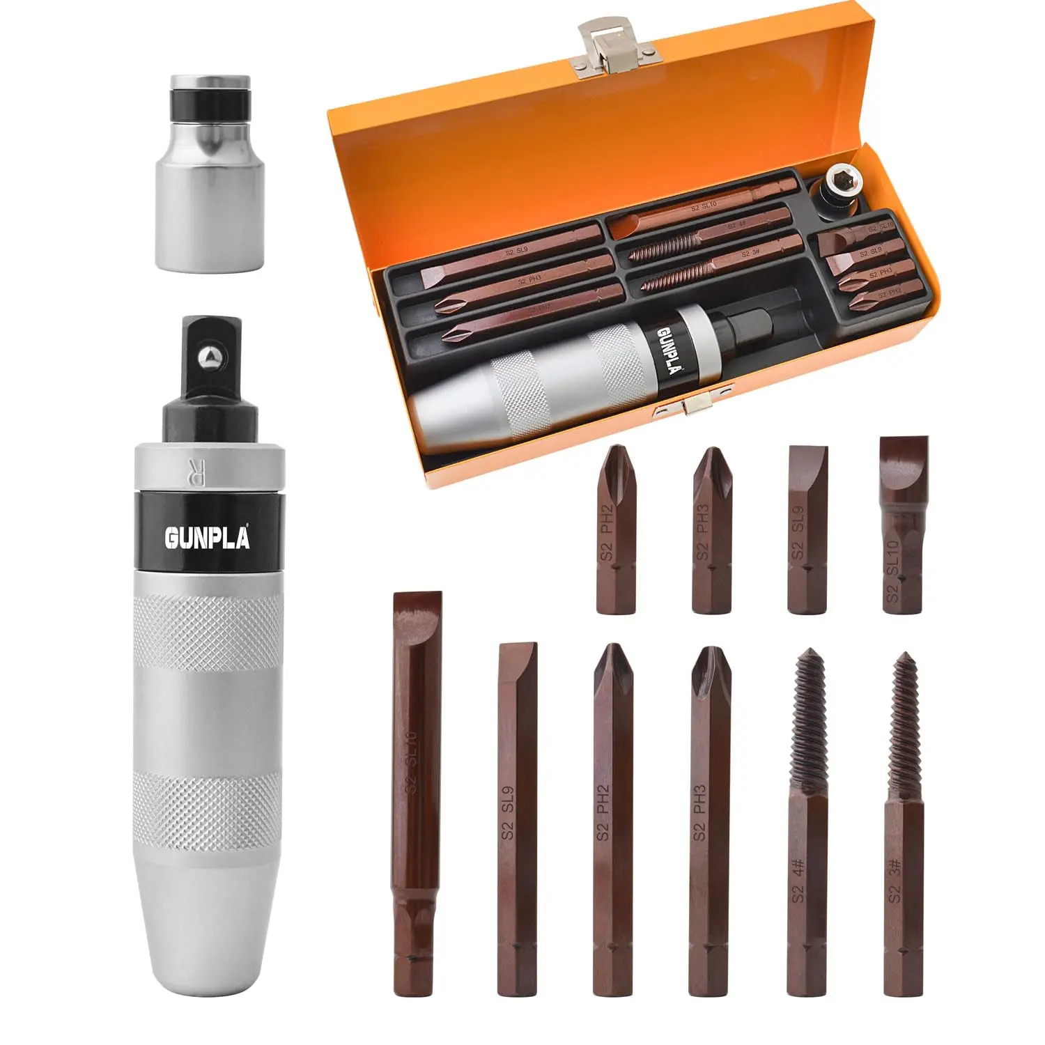 Gunpla 1/2" Heavy Duty Manual Impact Driver Set | S2 Alloy Steel Bits & 40CR Driver | Professional Rusted Bolt Remover & Frozen Nut Extractor | 12Pcs Reversible Impact Screwdriver Kit