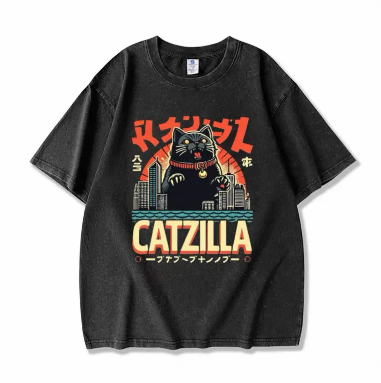 Catzilla Graphic T-Shirt, Unisex Vintage Acid Wash Cotton, Comfy Breathable Relaxed Fit, Funny Japanese Kaiju Parody, Menswear