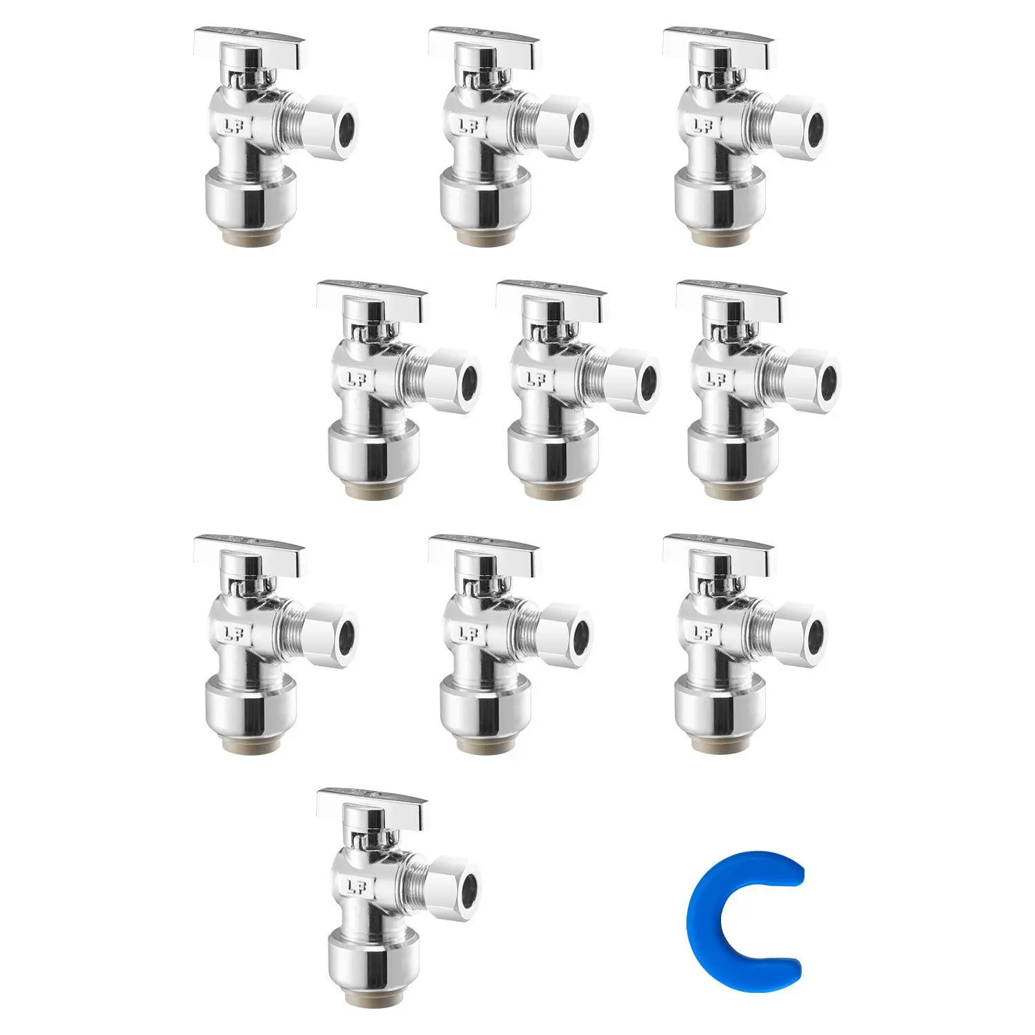 【Summerfinds】VEVOR 10 Pack Angle Stop Valve,  Push-to-Connect Water Shut Off Valve 1/2" PTC x 3/8" OD Compression, 1/4 Turn Chrome Plated Brass Shutoff Valves for Copper, CPVC, PE-RT, PEX Pipe