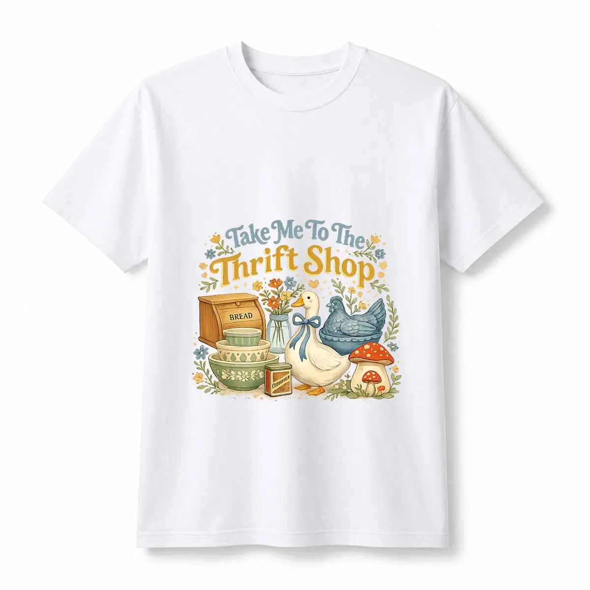 Take Me To The Thrift Shop T-Shirt | Vintage Cottagecore Goose Graphic Tee | Aesthetic Retro Thrifting Lover Gift for Women | Whimsical Farmhouse Style Shirt | Premium Soft Cotton Top hooded sleeveless t-shirt men summer short sleeve t-shirt white Washed,
