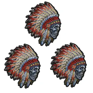 Embroidered Indian Chief Skull Patch for Customization, 3Pcs Big Size, Feather Skull Embroidery Iron-On Patch for Clothes, Backpacks, Hats, Jackets with Hot Melt Adhesive Backing, Suitable for Heat Press or Sewing, DIY Badge Decoration Gift