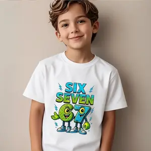 Boys' Casual Short Sleeve T-Shirt - Stretchy & Breathable Summer Top with Cartoon Number "67" Character Graphic, Round Neck Kids' Tee for Ages 3+, Everyday Clothing, Vibrant Graphic Tee, Comfortable Children's Wear, for Children Birthday Gift