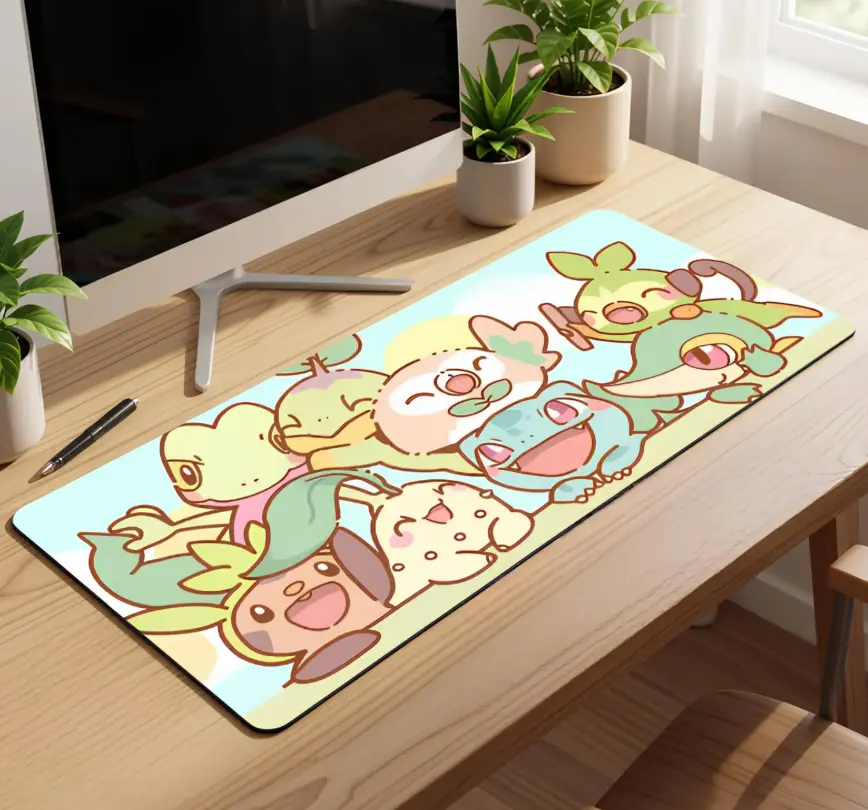 Kawaii Mouse Pad with Bulbasaur, Rowlet, and Mudkip, Large Pastel Anime Mouse Pad