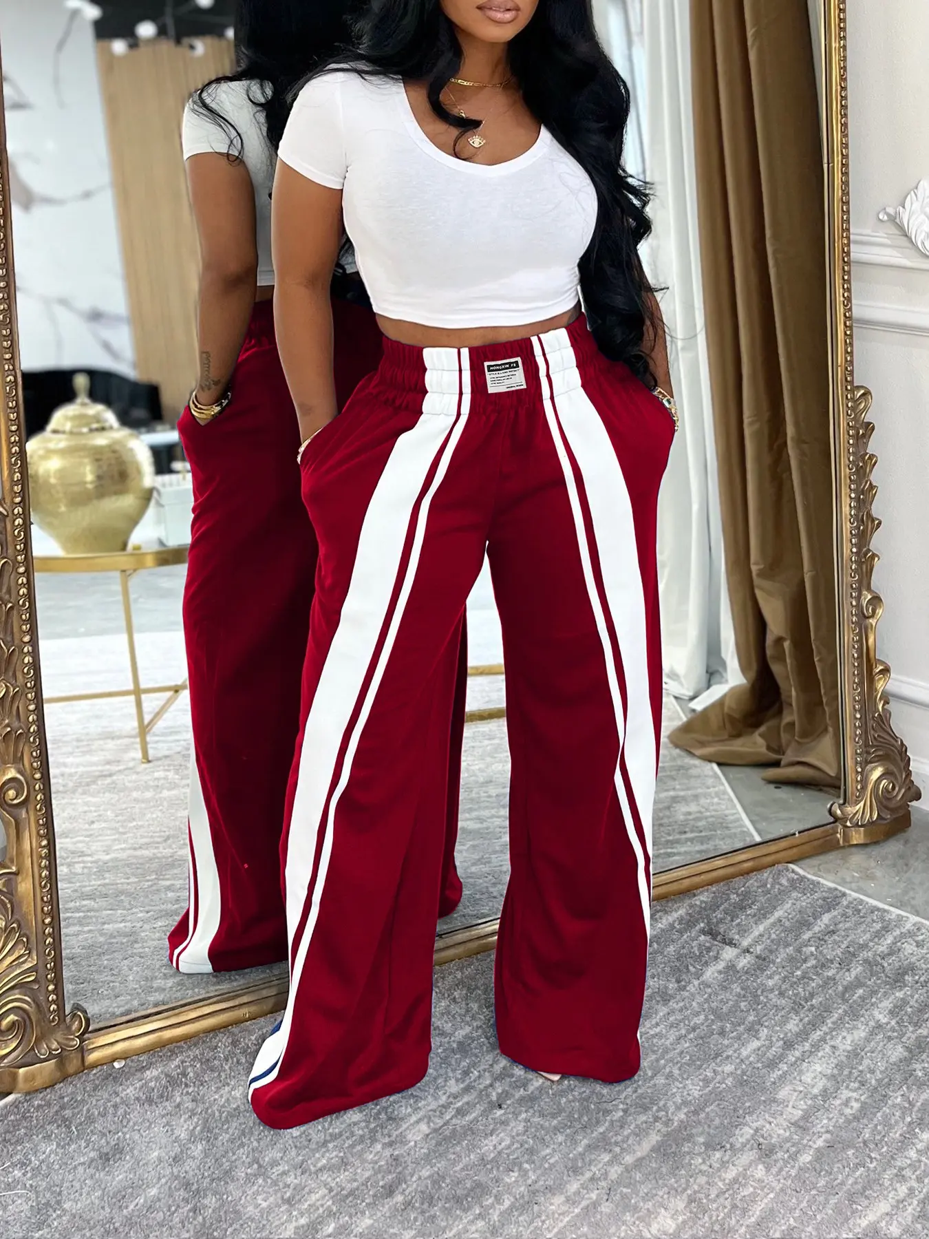 Women's Color Block Casual Wide Leg High Waist Elastic Cropped Pants, Loose Fit Comfy Everyday Womenswear Trousers for Daily Wear, Trendy and Versatile Leisure Activewear Pants, Casual Fashion Trousers
