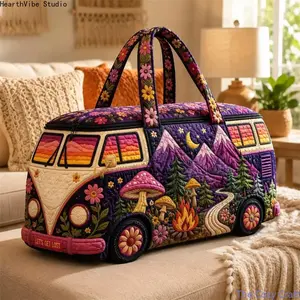 Women's Boho Purple Mushroom Quilted Duffel Bag, Large Capacity Hippie Van Weekender Tote with Gym-Style Shoulder Strap, Waterproof Overnight Bag for Camping & Road Trips, Gym-Style Shoulder Bags