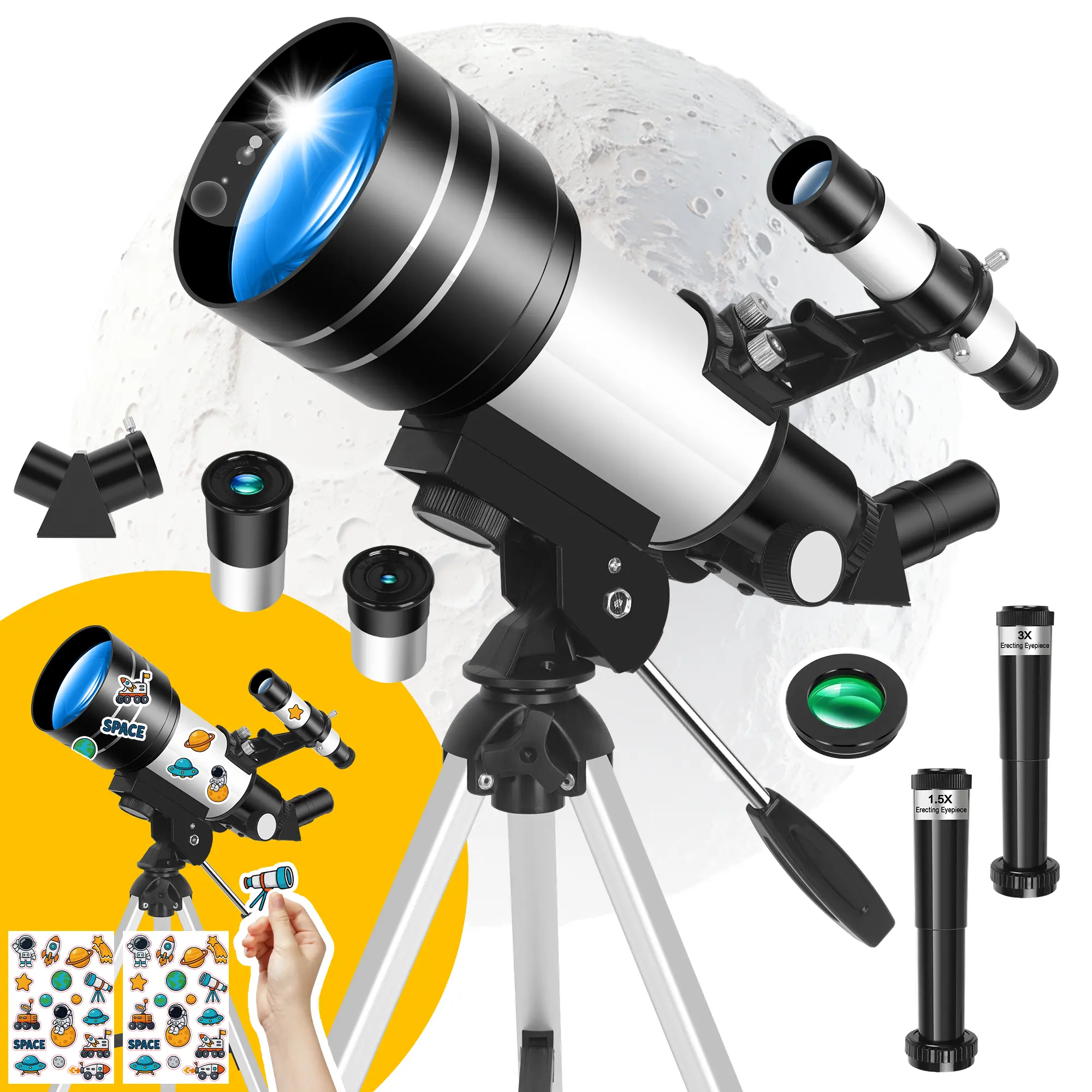 70mm Refractor Telescope for Kids & Beginners, 300mm Focal Length with AZ Mount, Easy Assembly, High Stability, 2 Space-Themed Sticker Sheets for DIY Fun