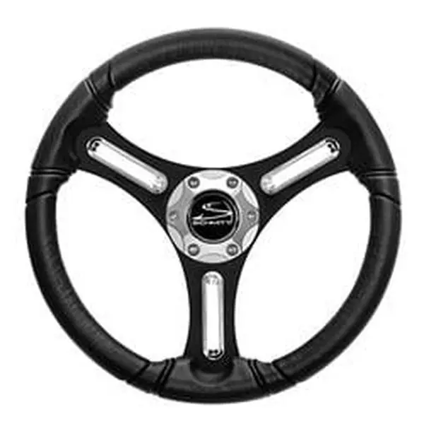Schmitt Marine Torcello Wheel 03 Series (PU031104-12) - 14 in. Polyurethane Wheel, 3 Brushed Spokes, Chrome Spoke Trim & Cap, Black Finish, 0.75 in. Tapered Shaft, Socket Head Screws, for Runabouts, Ski Boats, Wakeboard Boats, Freshwater