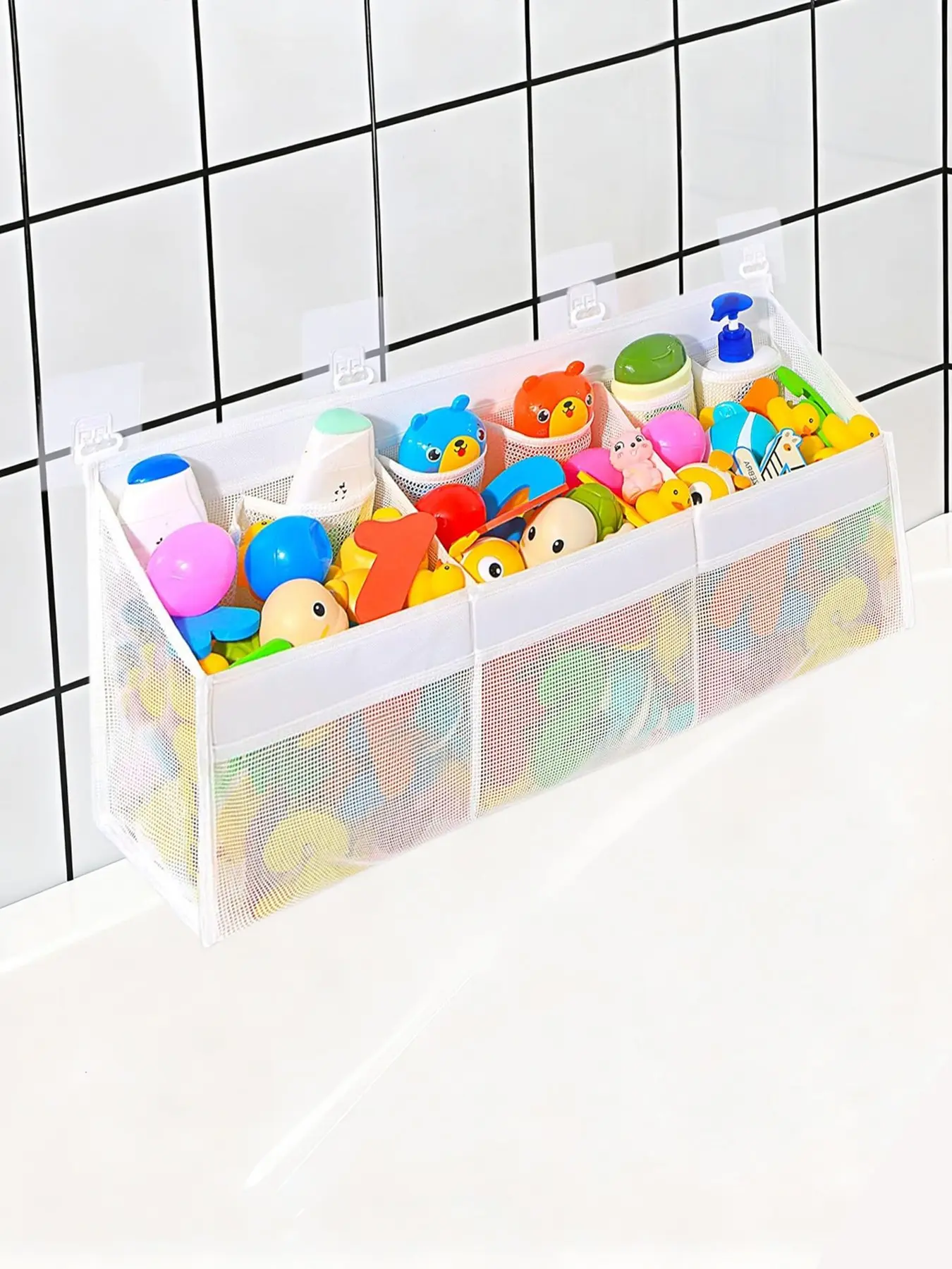 3-compartment Large Opening Baby Mesh Bathroom Toy Storage Net Bag, Super Large Capacity and Large Opening, Bathroom Toy Holder, Travel Multifunctional Toiletry Bag with 2 Side Pockets