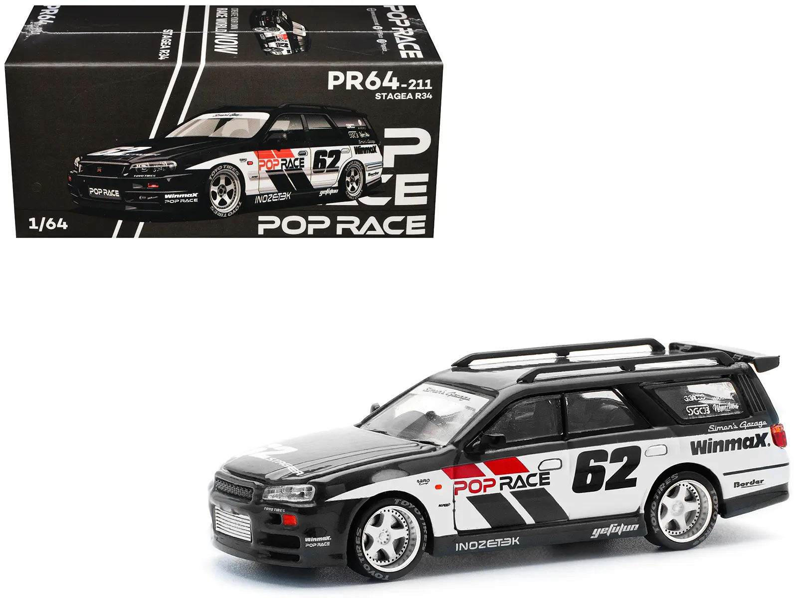 GT-R Stagea RHD (Right Hand Drive) #62 "Simon's Garage" Black with White Sides 1/64 Die Cast Model Car by Pop Race