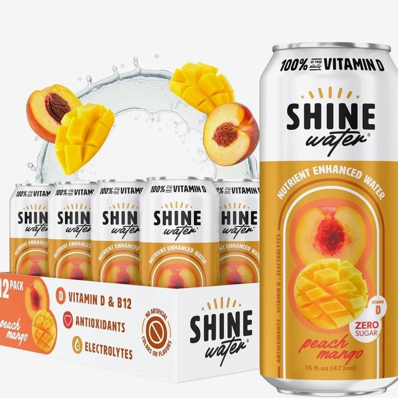 Shine Water Peach Mango Vitamin D Electrolyte Drinks 12-Pack, Sugar Free Flavored Water with Magnesium, Zinc & Antioxidants, Low Calorie Hydration Beverage, Plant-Based Vitamin Water Zero Sugar