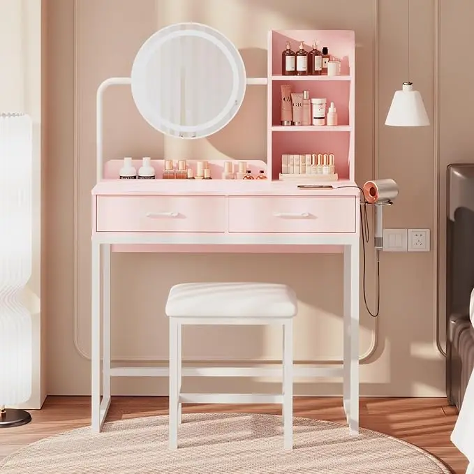 [DealsForYouDays] Vanity Desk with 360° Rotating LED Mirror & Lights, 2 Drawers & 6 Shelves, Dressing Table with Power Outlet & Hair Dryer Holder – Perfect Gift for Her & Bedroom Essential