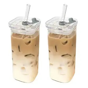 Clear Square Glass Mug with Lid & Straw – Perfect for Iced Coffee, Tea & Juice
