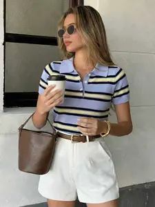 Women's Preppy Style Striped Knit Collared Polo Shirt, Slim Fit Short Sleeve, Soft Light Collar, Stripes