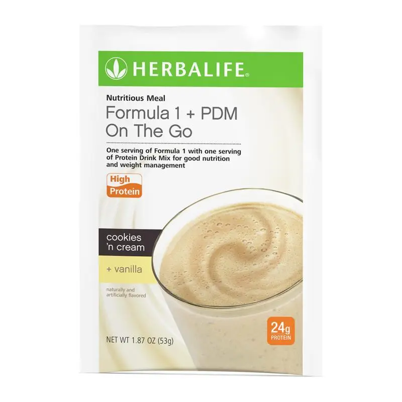 Herbalife Formula 1 + Protein Drink Mix On-The-Go – Cookies & Cream with Vanilla | 24 g Protein Option | 7 Packets