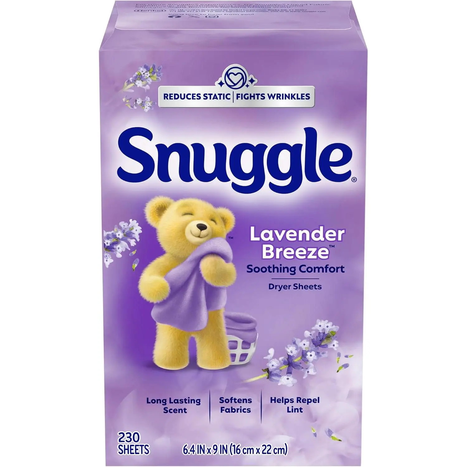 Snuggle Lavender Breeze Scented Fabric Softener Dryer Sheets, 230 Count - HE Dryer Safe Household Laundry Aid with Long-Lasting Freshness, Static Reduction, Wrinkle Minimization, Pet Hair & Lint Repellent