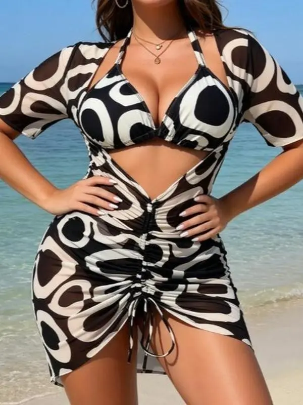 Women's Curvy-Friendly Extended Size 3-Piece Bikini Swimsuit Set - Bathing Suit with Cover Up, Geometric Abstract Print Halter Top, High-Rise Bottoms, Ruched Cover-Up Dress, Beach Swimwear Clothes for Poolside