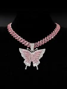 Stylish Hip Hop Jewelry with Full Zircon Butterfly Pendant Cuban Chain Necklace, Unisex Fashion Accessory for Everyday and Special Occasions, Perfect Gift, Copper Inlaid Zircon