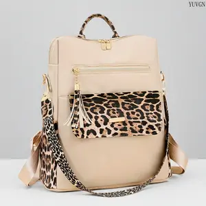 Preppy Style Nylon Backpack for Students, Solid Color with Leopard Print Accents, Adjustable Straps & Zipper Closure, Multi-Functional Polyester Lined Shoulder Bag for Travel & College Use