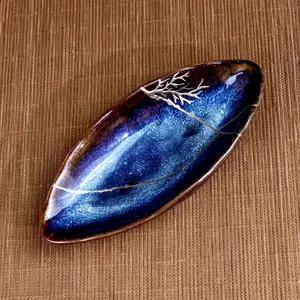 Reactive Blue Glaze Kintsugi Dip Plate (Stand Not Included) - Wabi-Sabi Art (5.5")