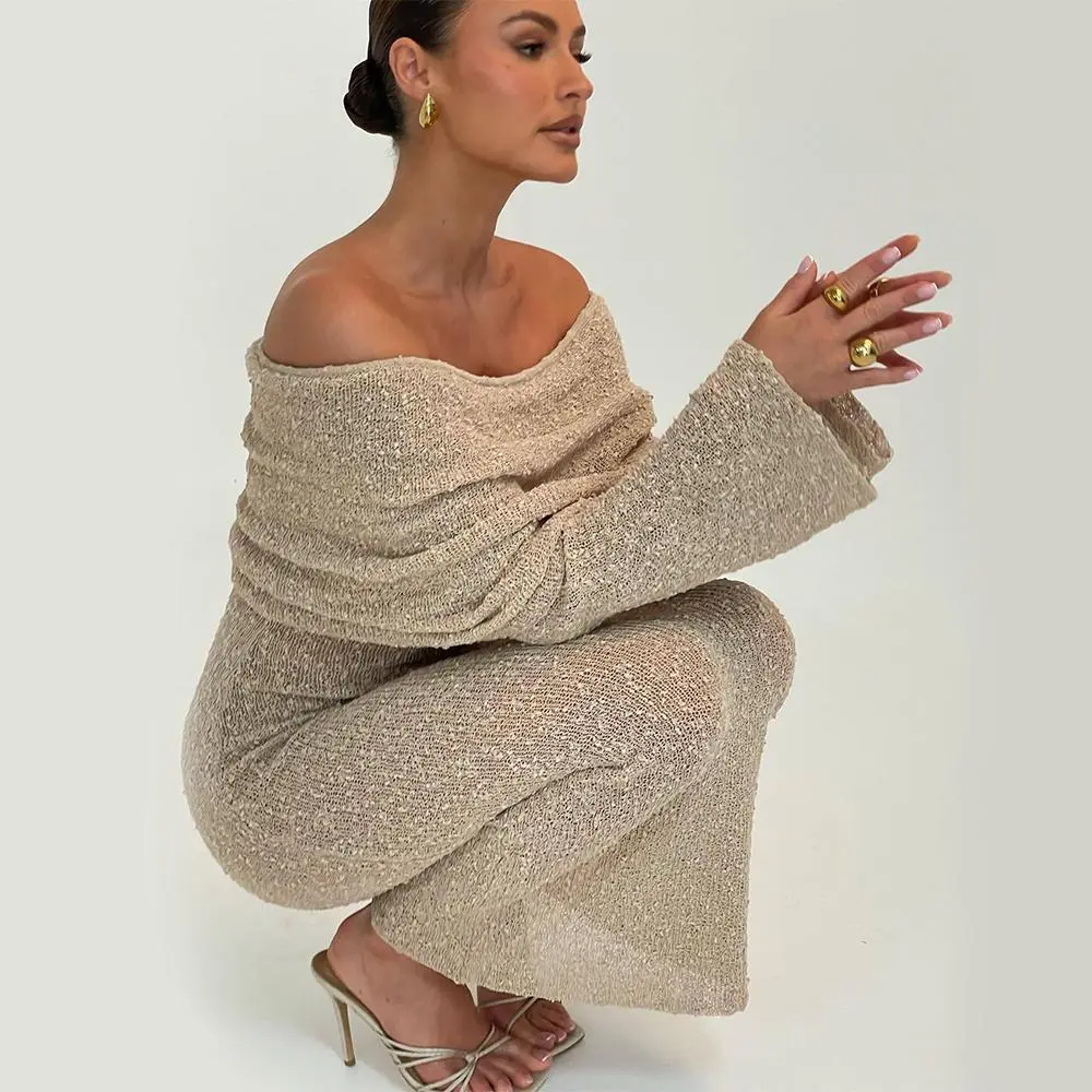 Women's Off-Shoulder Knitted Long-Sleeve High-Waist Hip-Hugging Cotton Casual Dress - Hand Wash Sexy Beach Holiday Wear