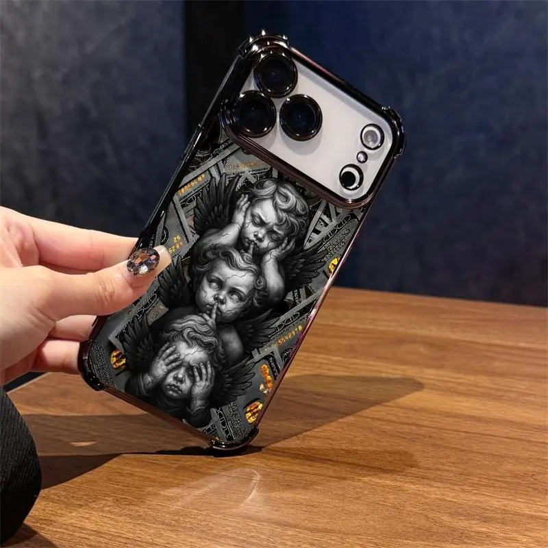 Luxury Crystal Transparent Electroplated TPU Smartphone Case - Custom Little Angel Design, 4-Corner Shock-Absorbent Protective Cover for iPhone 17 Pro Max,16 Pro Max Plus,15,14,13,12,11 Customized Casing Accessory