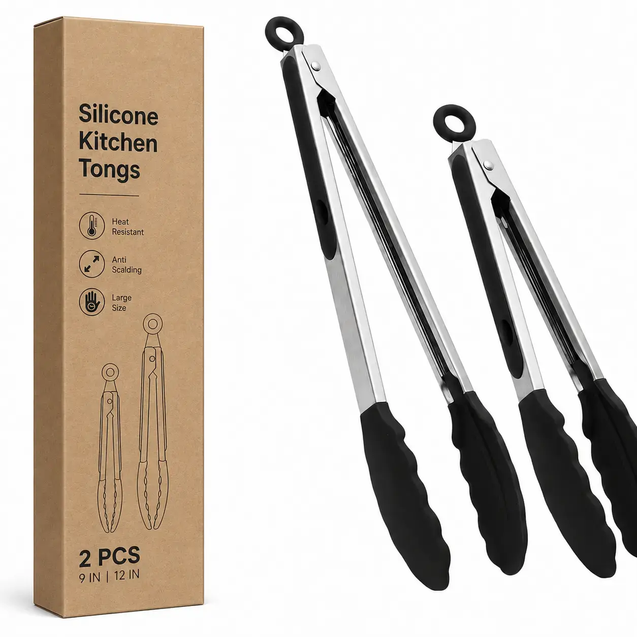 Stainless Steel Cooking Tongs Set 9 and 12 Inch, Black Kitchen Utensils for BBQ Grills, Home Cooking and Serving