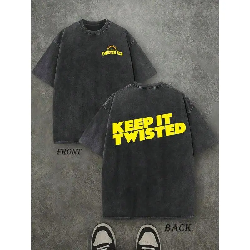 [Winter Outfits]Retro Washed T-Shirt Double Sided Printed 230 Pure Cotton TWISTED TEAS KEEP IT TWISTED Letter Patterns Men's Casual Comfortable y2k Vintage Streetwear Christmas Thanksgiving Gift Cyber Monday Menswear Distressed Tropical Crewneck