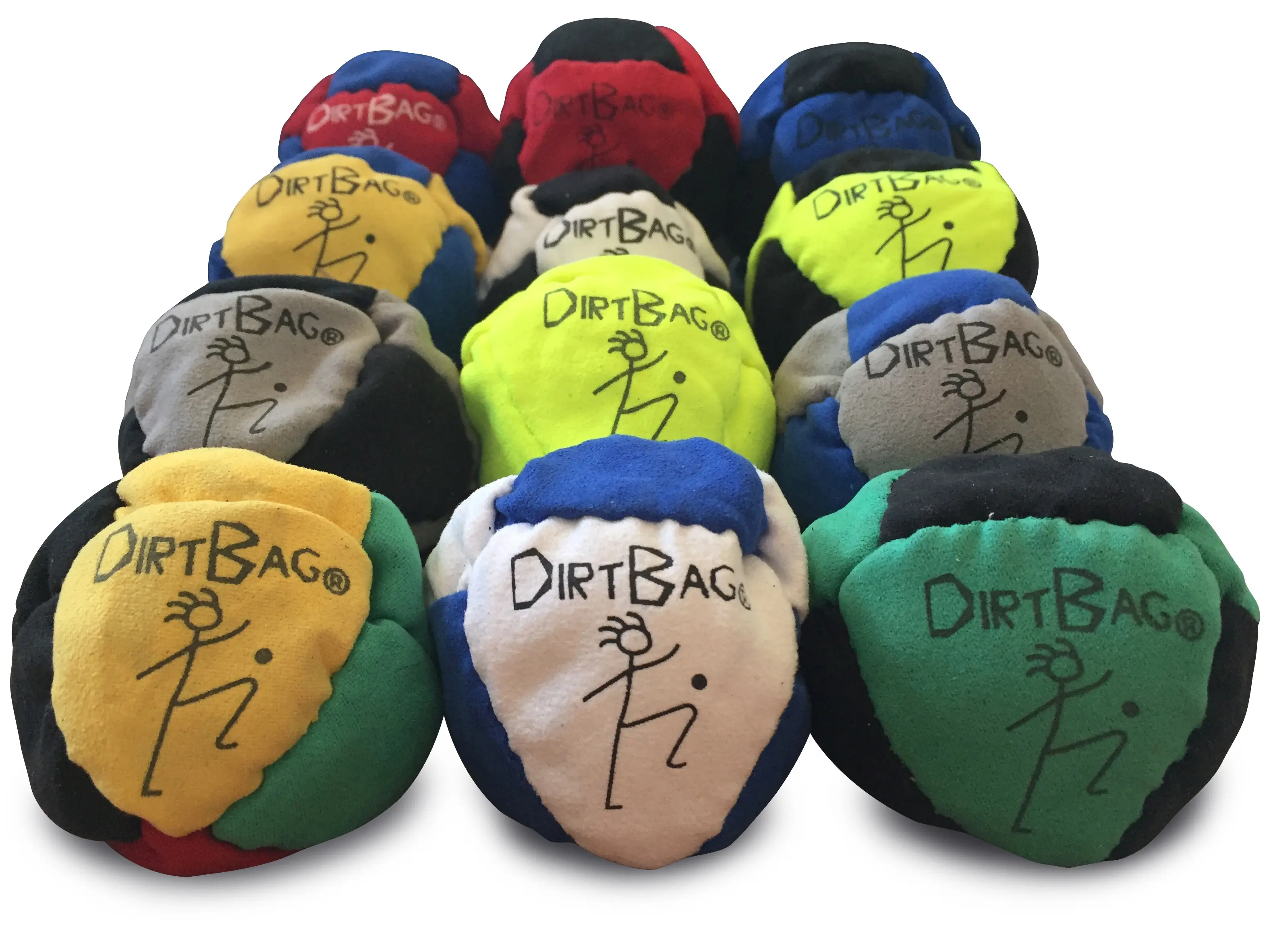 DIRTBAG Classic Synthetic Suede Footbags, 12-Pack, 8-Panel Soft Design, Sand-Filled, Optimized for Kicks & Tricks, Lawn Games, Assortment of Colors