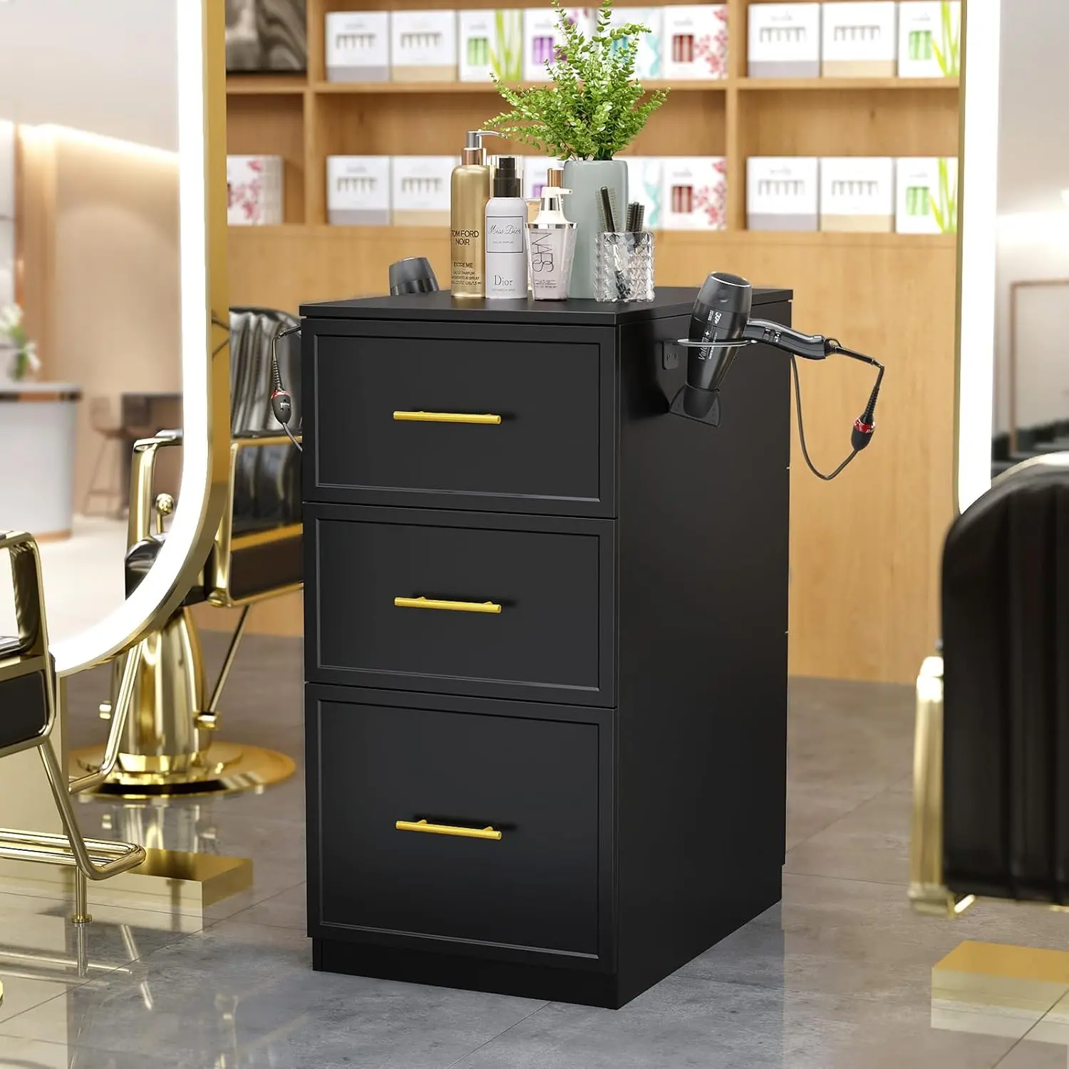 OmySalon Sturdy Durable Adjustable Salon Station for Hair Stylists - Double-Sided Design Barber Cabinet with 6 Drawers, 2 Hair Dryer Holders, Fluted Panel, All Parts Labeled - Commercial Beauty Shop Furniture (Assembly Required), Commercial Environments