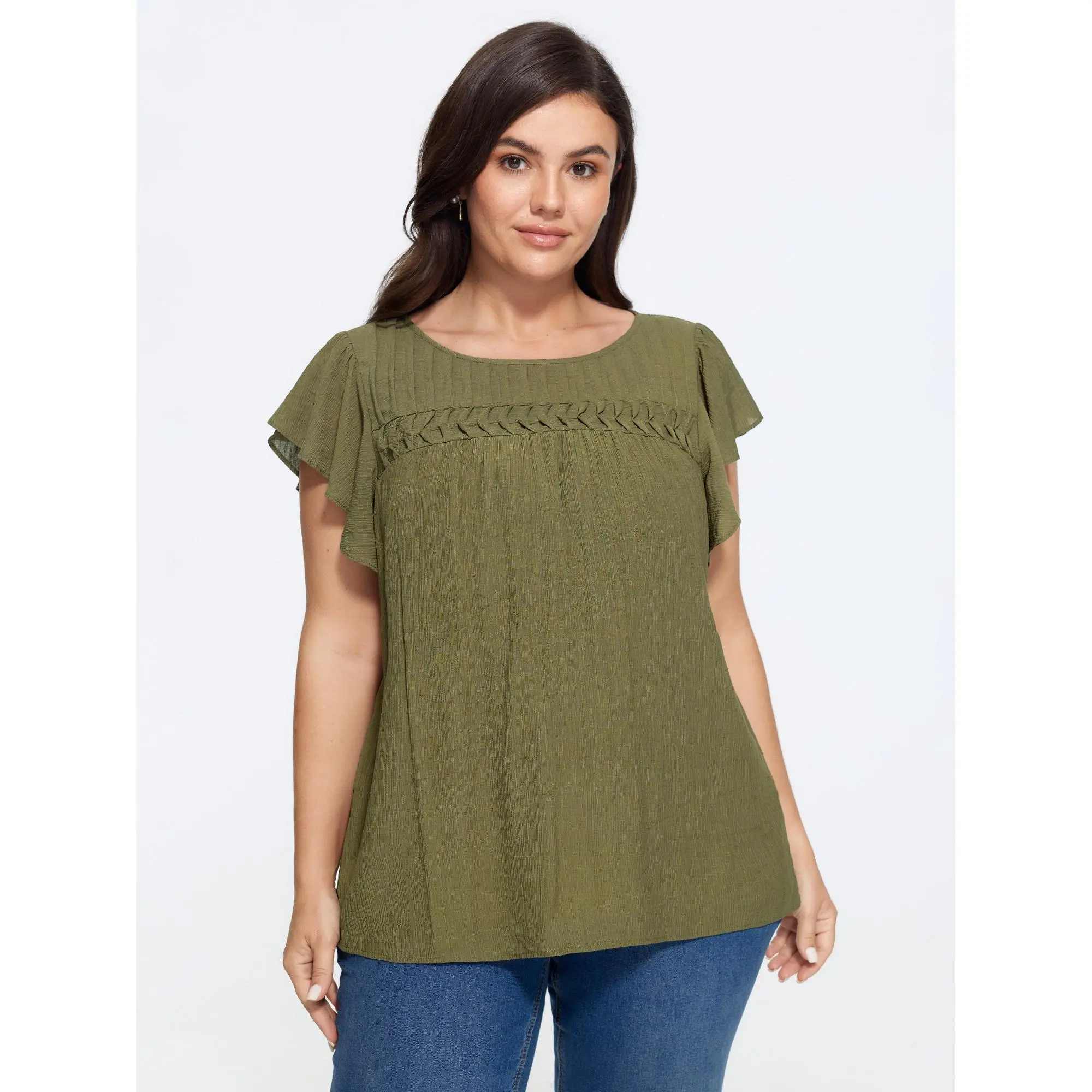 BLOOMCHIC Women's Plus Size Nylon Smooth Fabric Knit Blouse - Casual Tops with Textured Front Pleat, Flutter Sleeves, 2026 Summer Style [M-6X]