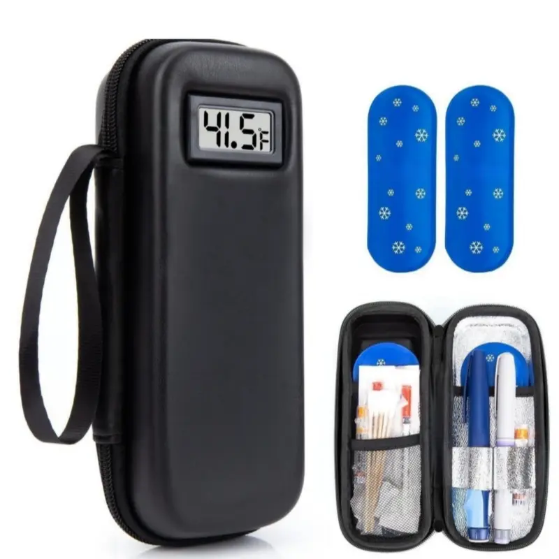 Insulin Travel Cooler Case with Temperature Display - Compact, Foldable PU/EVA Mix Bag with Zip, Portable Size, 2 TSA-Approved Ice Packs, Diabetic Supply Organizer for Travel & Daily Use, Eva Travel Organizers, On-The-Go Travel Organizers