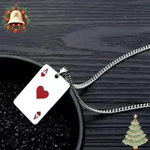 Stainless Steel Geometric Spade A & Red Peach A Poker Pendant Necklace with Steel Chain, European-American Cold-Style Unisex Necklaces for Women, Versatile Daily Wear Anniversary Gift Jewelry