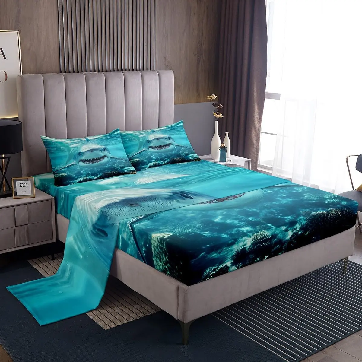3D Shark Bed Sheets Marine Life Ocean Shark Sheet Set Sea Underwater Fitted Sheet Aquatic Animal Bedding Set,Nautical Flat Sheet Room Decor Sheets,Blue White, Modern, Super Soft, Kids’ Bedroom,sohochic