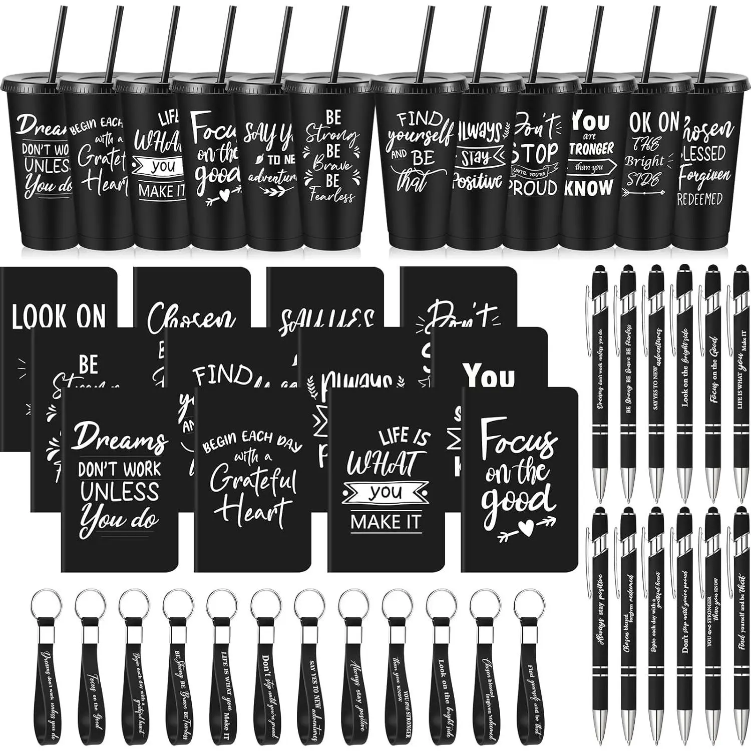 48 count Inspirational Gifts for 24 Employee Appreciation Gifts Bulk, Motivational 24oz Plastic Cups and Pens Notebooks Keychains Set, Staff Coworkers Volunteer Positive Affirmation (Black)