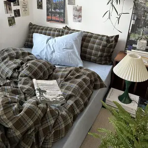 Full Size Blue, Brown & Green Buffalo Plaid Duvet Cover Set - 3 Piece Vintage Aesthetic Bedding Set, 100% Washed Cotton, Minimalist Design, Soft & Breathable Duvet Cover with Zipper Closure